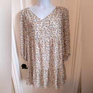 Cozy Co Boho Long Sleeve V-Neck Sheer Lined Floral Dress w/Empire Waistline, 1X